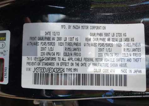 2014 Mazda Cx-9 Grand Touring from USA, damaged, VIN JM3TB3DV8E0432624